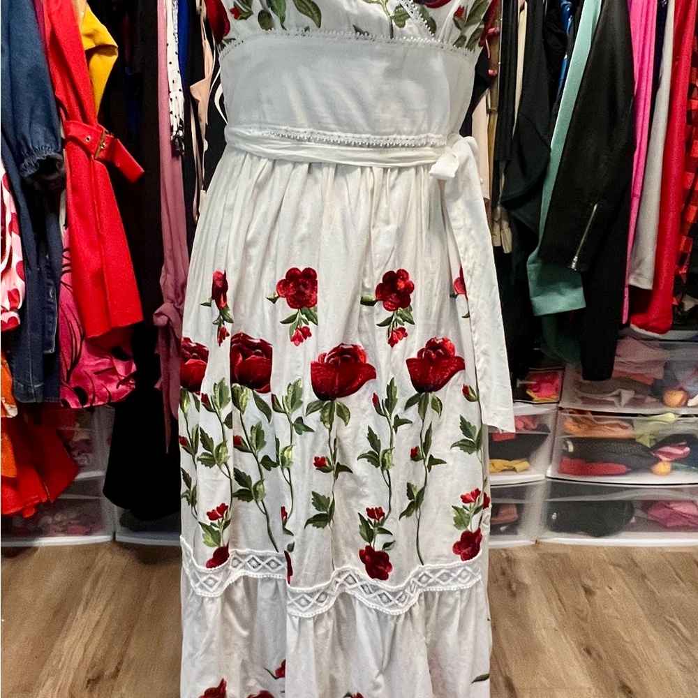 Floral White and Red Dress
